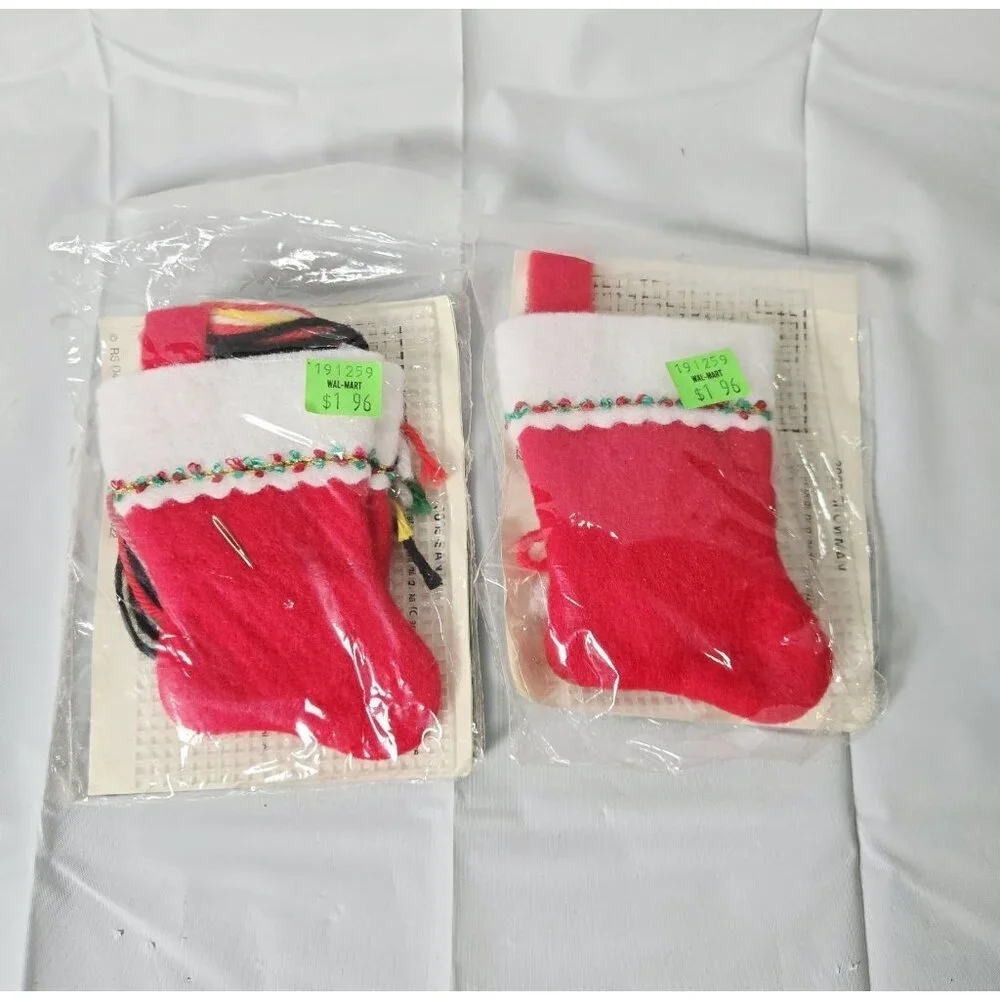 Vintage Plastic Canvas Kit Stocking Santa & Snowmen Stitching Craft Set Of 2
